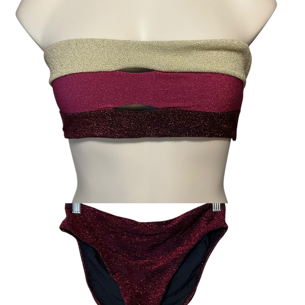 PQ SWIM sz Large Bikini Divine Color Block Bandeau Hi Cut Metallic Red Gold